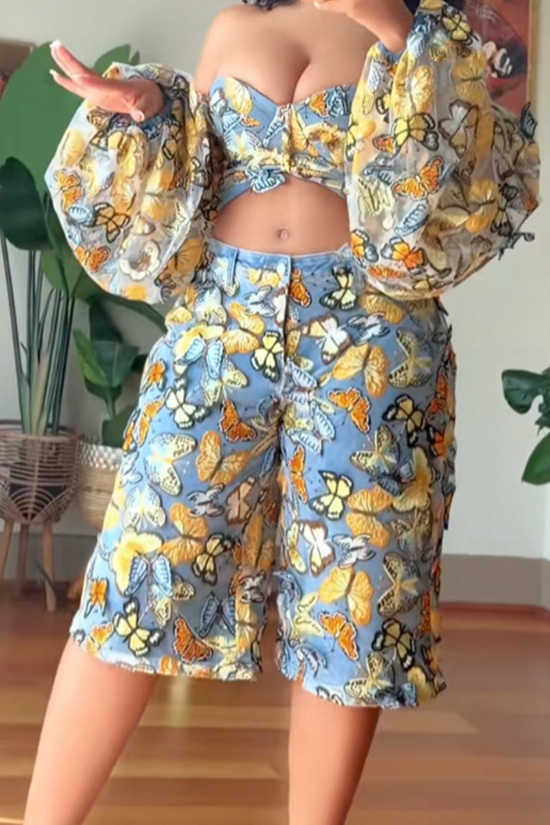 Women's Loose Sexy Butterfly Print Vacation Top Or Loose Fit Cropped Denim Pants With A Butterfly Design