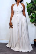 Women Lapel Sleeveless Breasted Patchwork Elegant Casual Maxi Dresses
