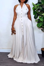 Women Lapel Sleeveless Breasted Patchwork Elegant Casual Maxi Dresses