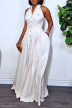 Women Lapel Sleeveless Breasted Patchwork Elegant Casual Maxi Dresses