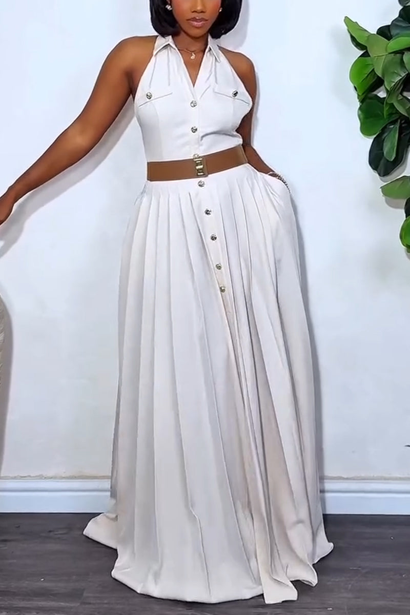 Women Lapel Sleeveless Breasted Patchwork Elegant Casual Maxi Dresses