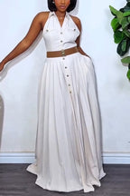Women Lapel Sleeveless Breasted Patchwork Elegant Casual Maxi Dresses
