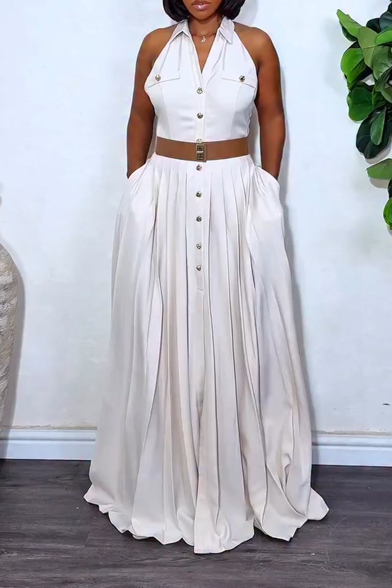 Women Lapel Sleeveless Breasted Patchwork Elegant Casual Maxi Dresses