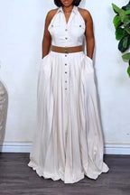 Women Lapel Sleeveless Breasted Patchwork Elegant Casual Maxi Dresses