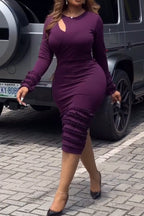 Women Round Neck Patchwork Waist Cinching Solid Color Elegant Casual Midi Dresses