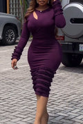Women Round Neck Patchwork Waist Cinching Solid Color Elegant Casual Midi Dresses