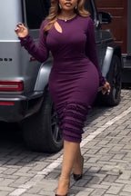 Women Round Neck Patchwork Waist Cinching Solid Color Elegant Casual Midi Dresses