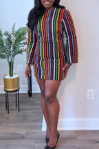 Women Round Neck Colorful Vertical Stripe Elegant Casual Mini Dresses