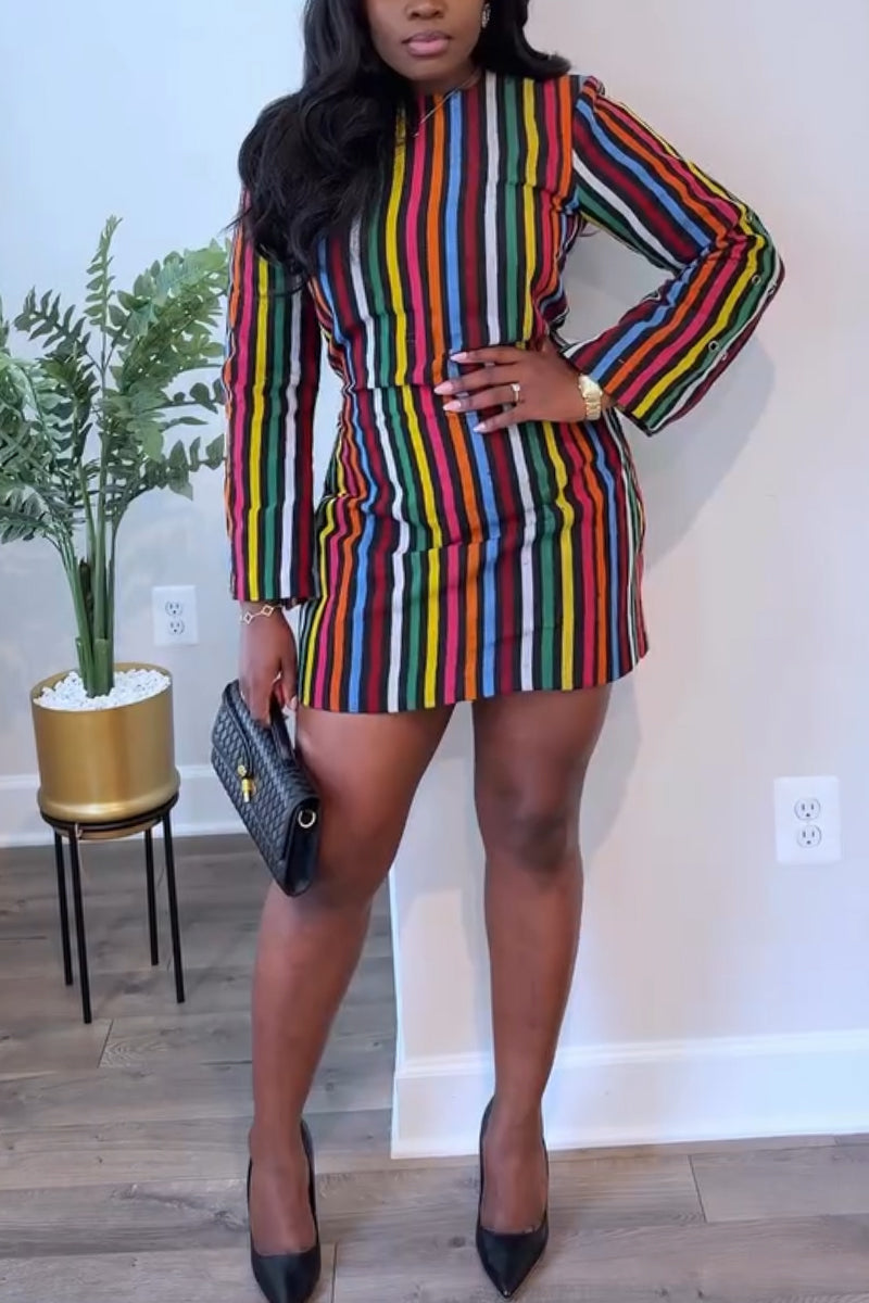 Women Round Neck Colorful Vertical Stripe Elegant Casual Mini Dresses