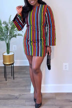 Women Round Neck Colorful Vertical Stripe Elegant Casual Mini Dresses