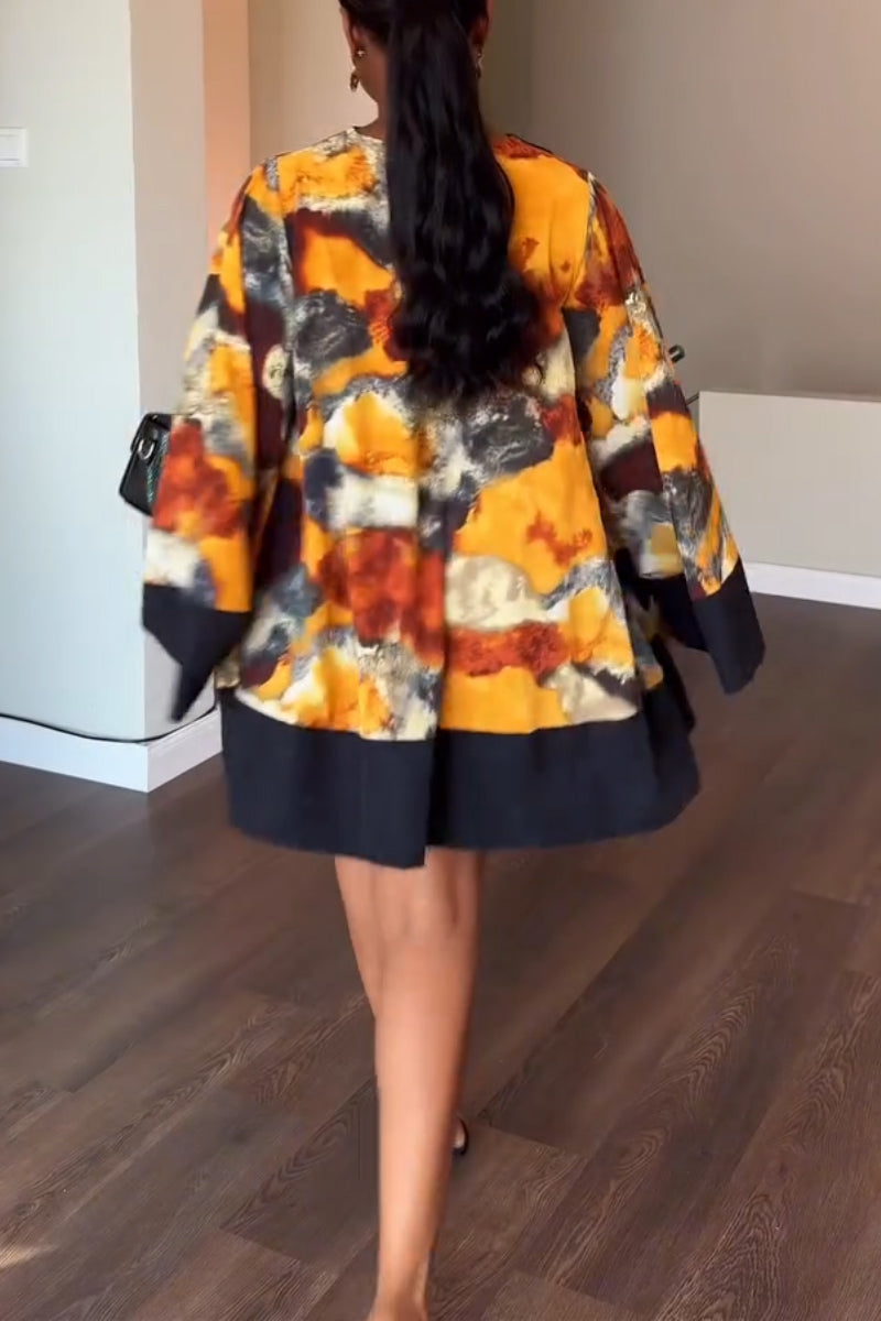 Women Round Neck Printed Loose Casual Mini Dresses