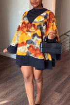 Women Round Neck Printed Loose Casual Mini Dresses
