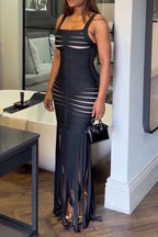 Women Spaghetti Strap Patchwork Tassel Waist Cinching Sexy Casual Maxi Dresses