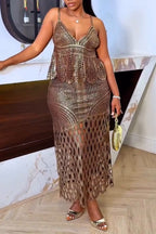 Women Metallic Gloss Hollow Knitted Strap+Half Skirt Elegant Casual Set