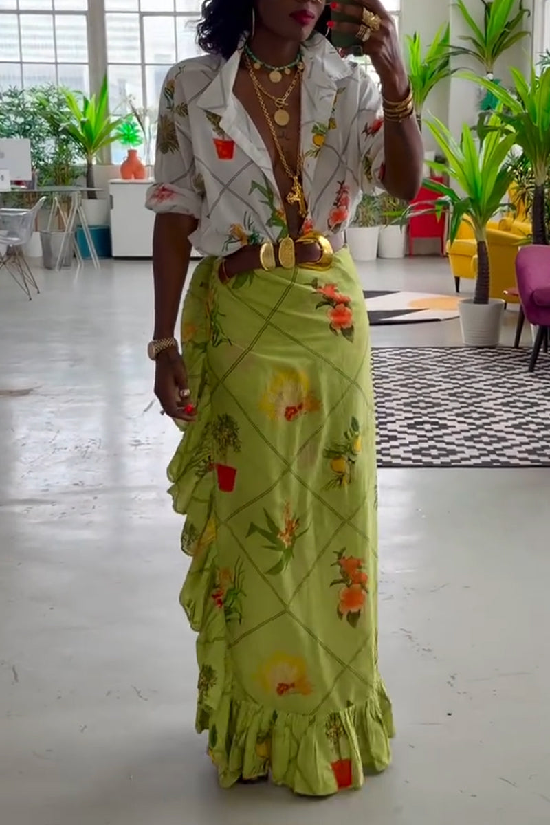 Women Vacation Casual Style Flip Collar Printed Shirt or Patchwork Skirt