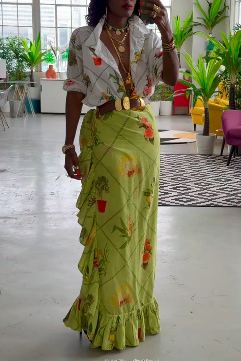 Women Vacation Casual Style Flip Collar Printed Shirt or Patchwork Skirt