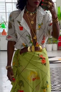Women Vacation Casual Style Flip Collar Printed Shirt or Patchwork Skirt