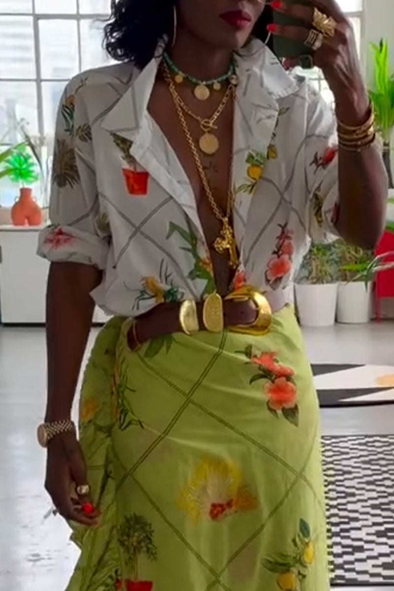 Women Vacation Casual Style Flip Collar Printed Shirt or Patchwork Skirt
