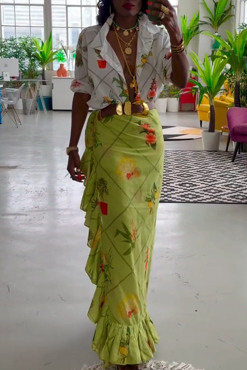 Women Vacation Casual Style Flip Collar Printed Shirt or Patchwork Skirt