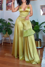 Women Neck Hanging Top+ Wide Leg Pants Satin Sexy Casual Suit