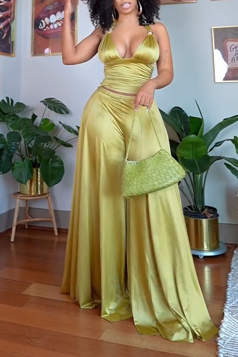Women Neck Hanging Top+ Wide Leg Pants Satin Sexy Casual Suit