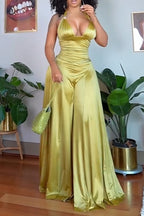 Women Neck Hanging Top+ Wide Leg Pants Satin Sexy Casual Suit