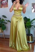 Women Neck Hanging Top+ Wide Leg Pants Satin Sexy Casual Suit