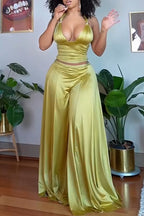 Women Neck Hanging Top+ Wide Leg Pants Satin Sexy Casual Suit