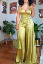 Women Neck Hanging Top+ Wide Leg Pants Satin Sexy Casual Suit