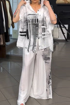Women's Casual Loose Fit Printed Shirt Top Or Printed Loose Fitting Wide Leg Trousers