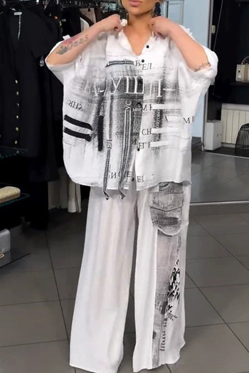 Women's Casual Loose Fit Printed Shirt Top Or Printed Loose Fitting Wide Leg Trousers