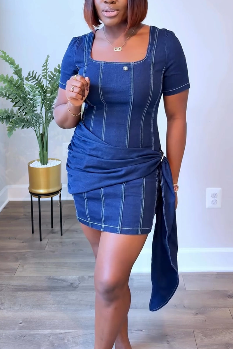 Women Square Collar Spliced Casual Denim Mini Dresses