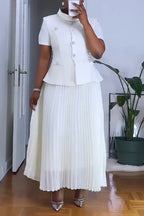 Women's Elegant Button Front Vest Pleated Skirt Two Piece Set