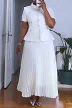 Women's Elegant Button Front Vest Pleated Skirt Two Piece Set