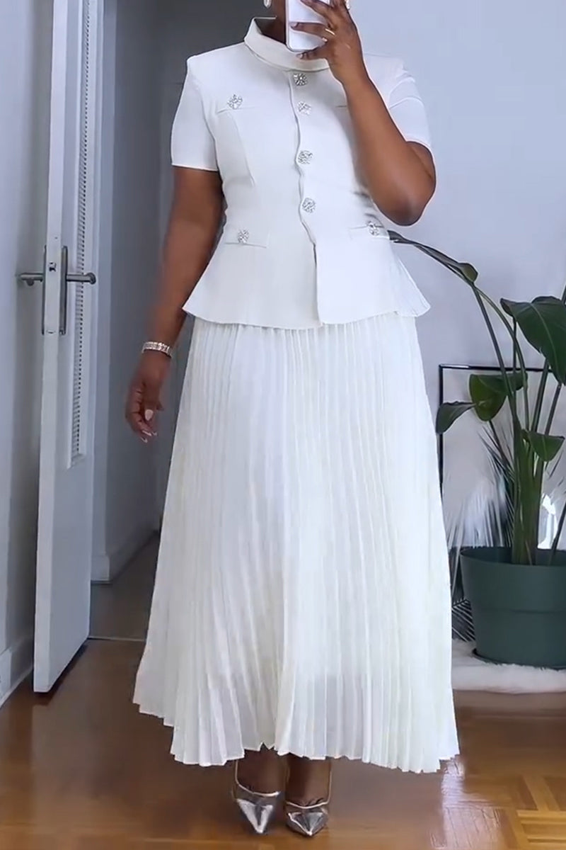 Women's Elegant Button Front Vest Pleated Skirt Two Piece Set