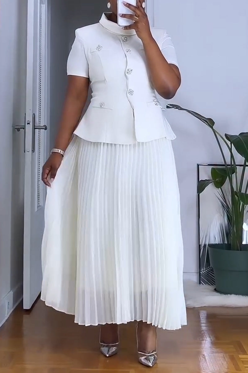 Women's Elegant Button Front Vest Pleated Skirt Two Piece Set