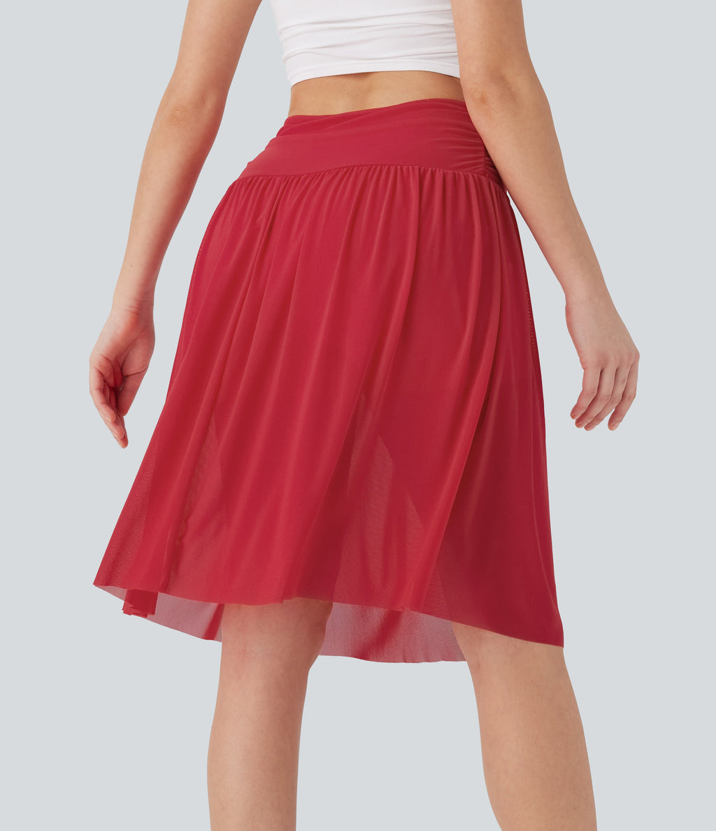 High Waisted Ruched 2-in-1 Contrast Mesh Flowy Midi Casual Skirt with Pockets