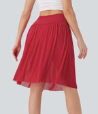 High Waisted Ruched 2-in-1 Contrast Mesh Flowy Midi Casual Skirt with Pockets