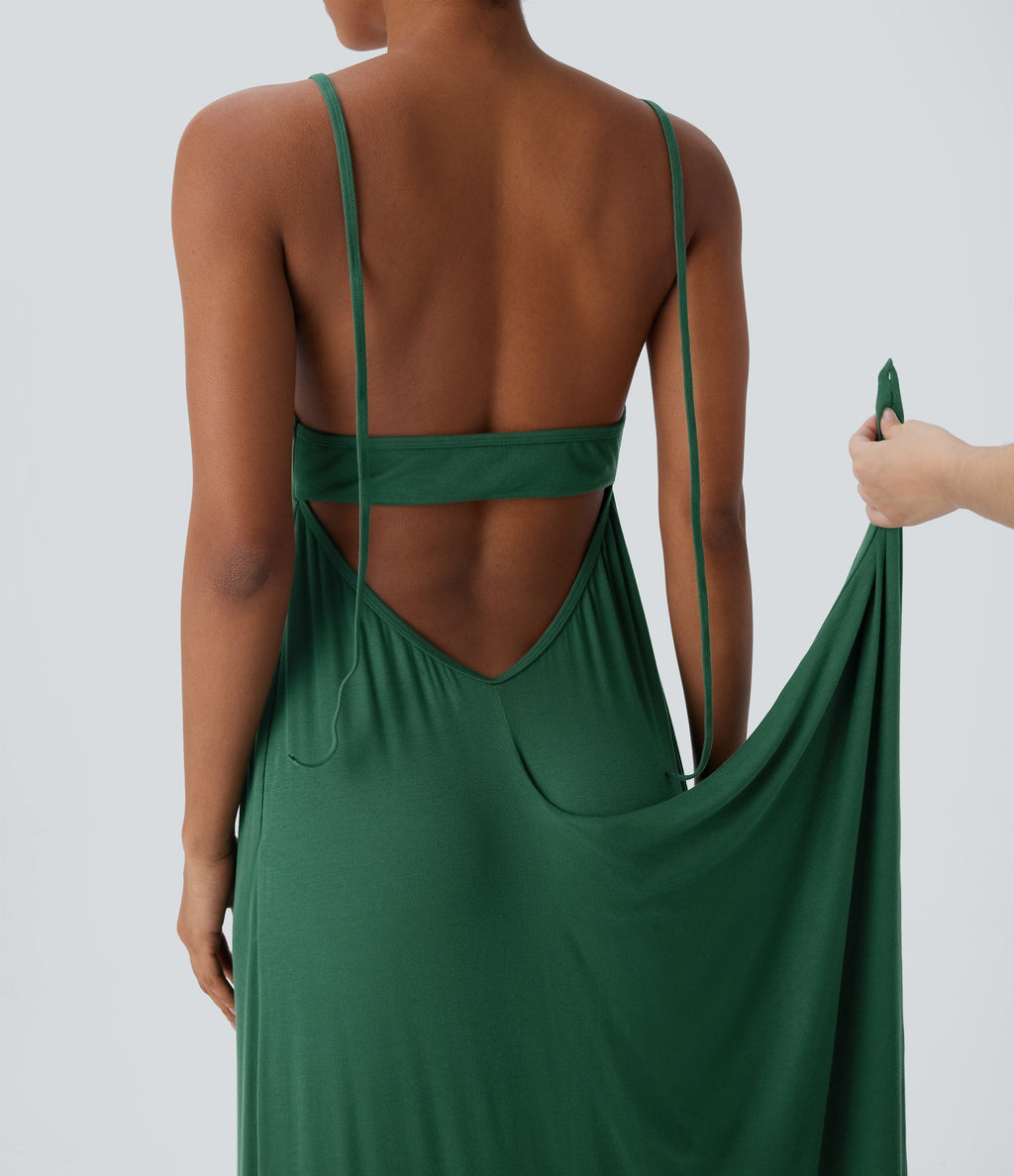 Ribbed Tie Back Ruched Maxi Slip Dress with Pockets