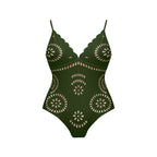 Green Scalloped Hollow Sexy One-Piece Swimsuit&Skirt