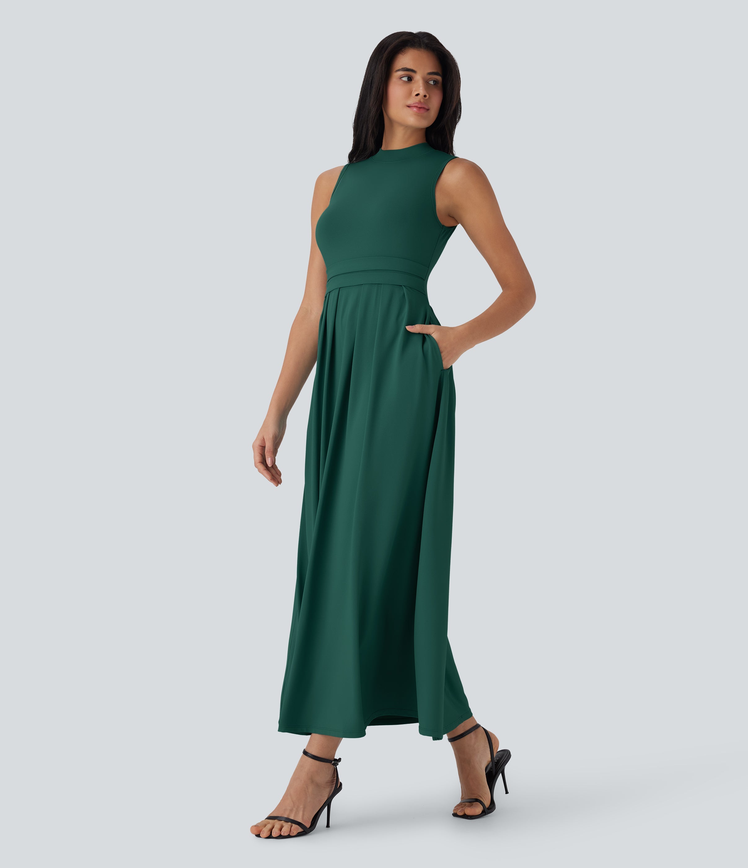 Stand Collar Sleeveless Flare Maxi Casual Dress with Pockets