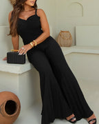 Pleated Design V Neck Adjustable Spaghetti Straps Cinched Waist Overalls Casual Pleated Flared Jumpsuit