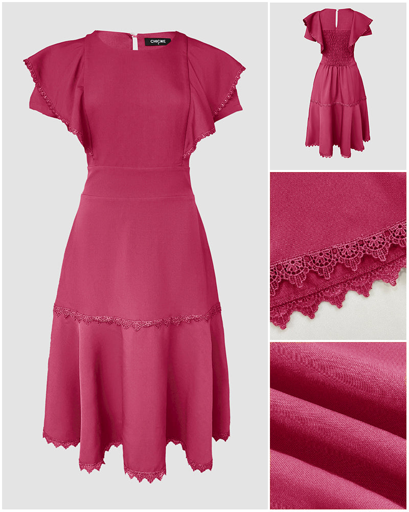 Butterfly Sleeve Hollow-out Back Shirred Dress Casual Cinched Waist Lace Trim Ruffle Hem Commuting Dress