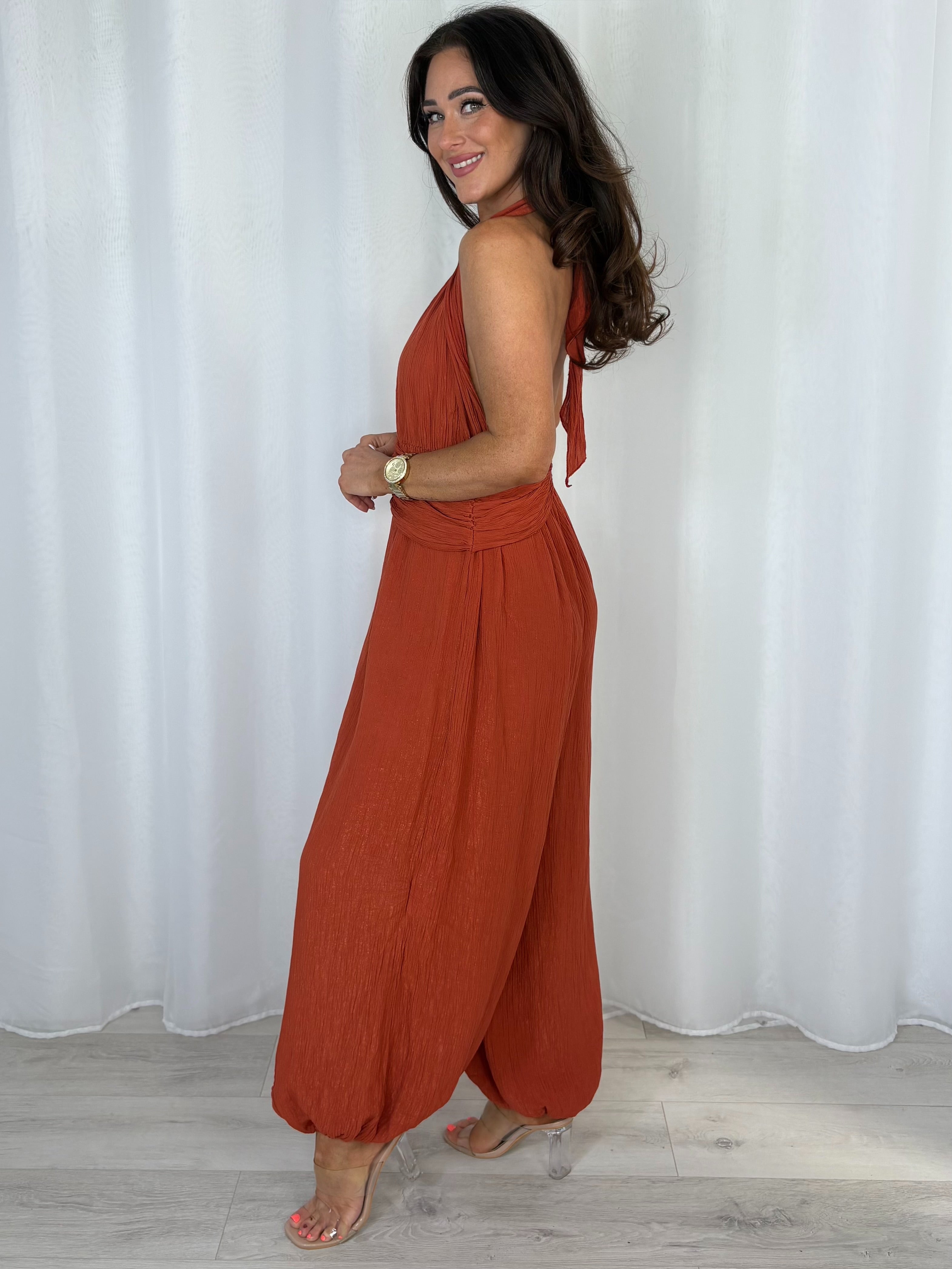 Crinkle Shimmer Halter Neck Drape Detail Backless Jumpsuit (7 Colours)