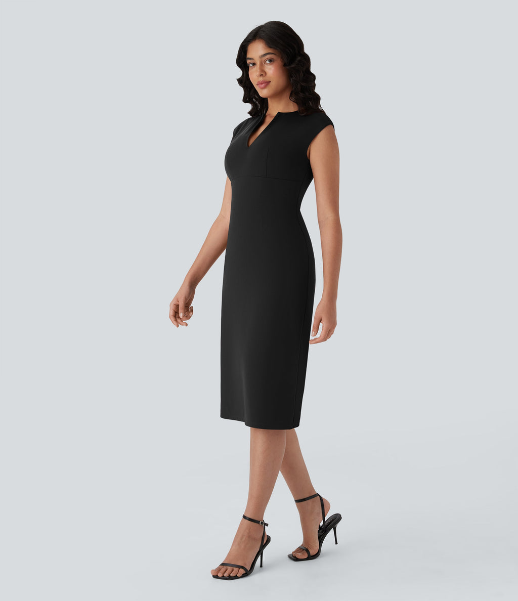 V-neck Zipper Bodycon Midi Work Built-in Mesh Shapewear Dress