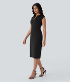 V-neck Zipper Bodycon Midi Work Built-in Mesh Shapewear Dress