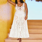 White Sexy Petal Hollow One-Piece V Neck Swimsuit&Skirt