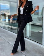 2 Pieces Outfit Notched Collar Double-Breasted Flap Detail Coat and Zipper Fly Elastic Back Waist Slim Fit Flared Pants Set Casual Blazer Set