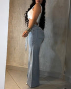 Allover Rhinestone Decor High Waist Zipper Fly Jeans Casual Flared Denim Pants with Rhinestone Decor Belt