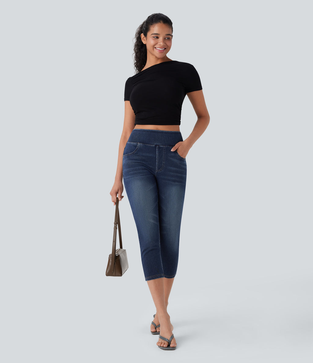 FlexTM High-Waisted Denim Casual Capri Leggings with Pockets